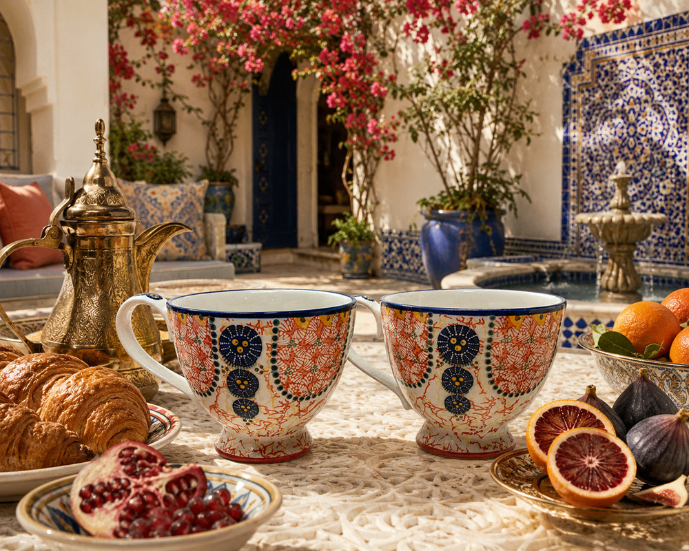 Lot 2 x Anthropologie Kebaya Footed Pedestal Coffee Tea Mugs Cups Coral Blue